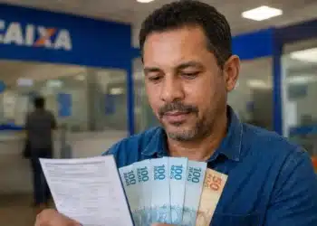Homem segurando documento e cédulas em agência da Caixa, representando a solicitação do ressarcimento do PIS/Pasep em julho de 2026.