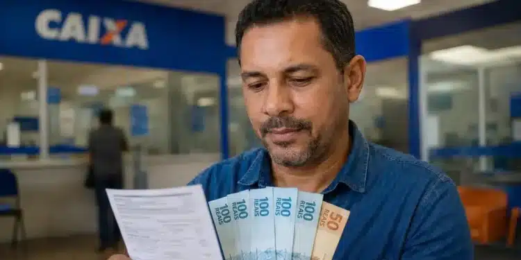 Homem segurando documento e cédulas em agência da Caixa, representando a solicitação do ressarcimento do PIS/Pasep em julho de 2026.