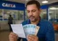 Homem segurando dinheiro e documento em agência da Caixa, representando o pagamento do ressarcimento do PIS/Pasep em julho.