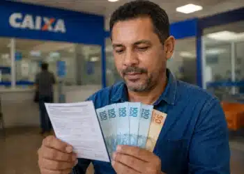 Homem segurando dinheiro e documento em agência da Caixa, representando o pagamento do ressarcimento do PIS/Pasep em julho.