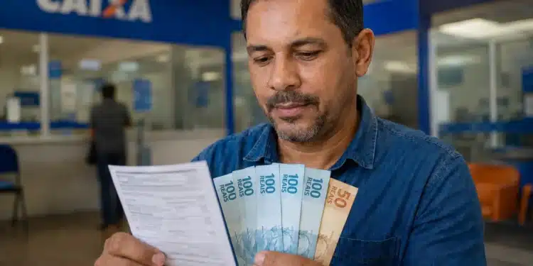 Homem segurando dinheiro e documento em agência da Caixa, representando o pagamento do ressarcimento do PIS/Pasep em julho.