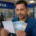 Homem segurando dinheiro e documento em agência da Caixa, representando o pagamento do ressarcimento do PIS/Pasep em julho.