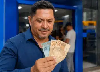 Homem sorrindo ao segurar notas de R$ 100 e R$ 50 em frente a uma agência da Caixa, representando a solicitação do saque a partir desta sexta-feira (29).