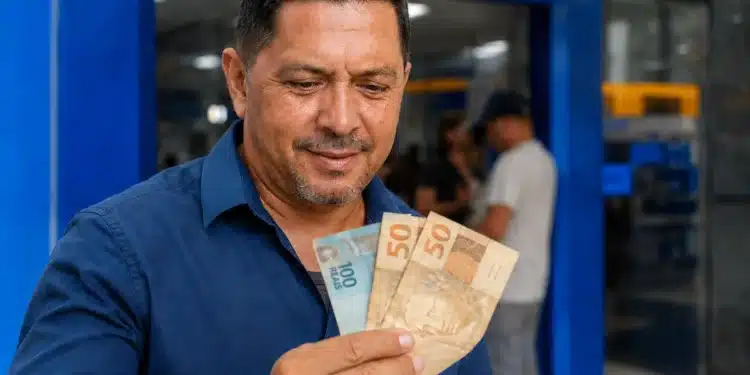 Homem sorrindo ao segurar notas de R$ 100 e R$ 50 em frente a uma agência da Caixa, representando a solicitação do saque a partir desta sexta-feira (29).