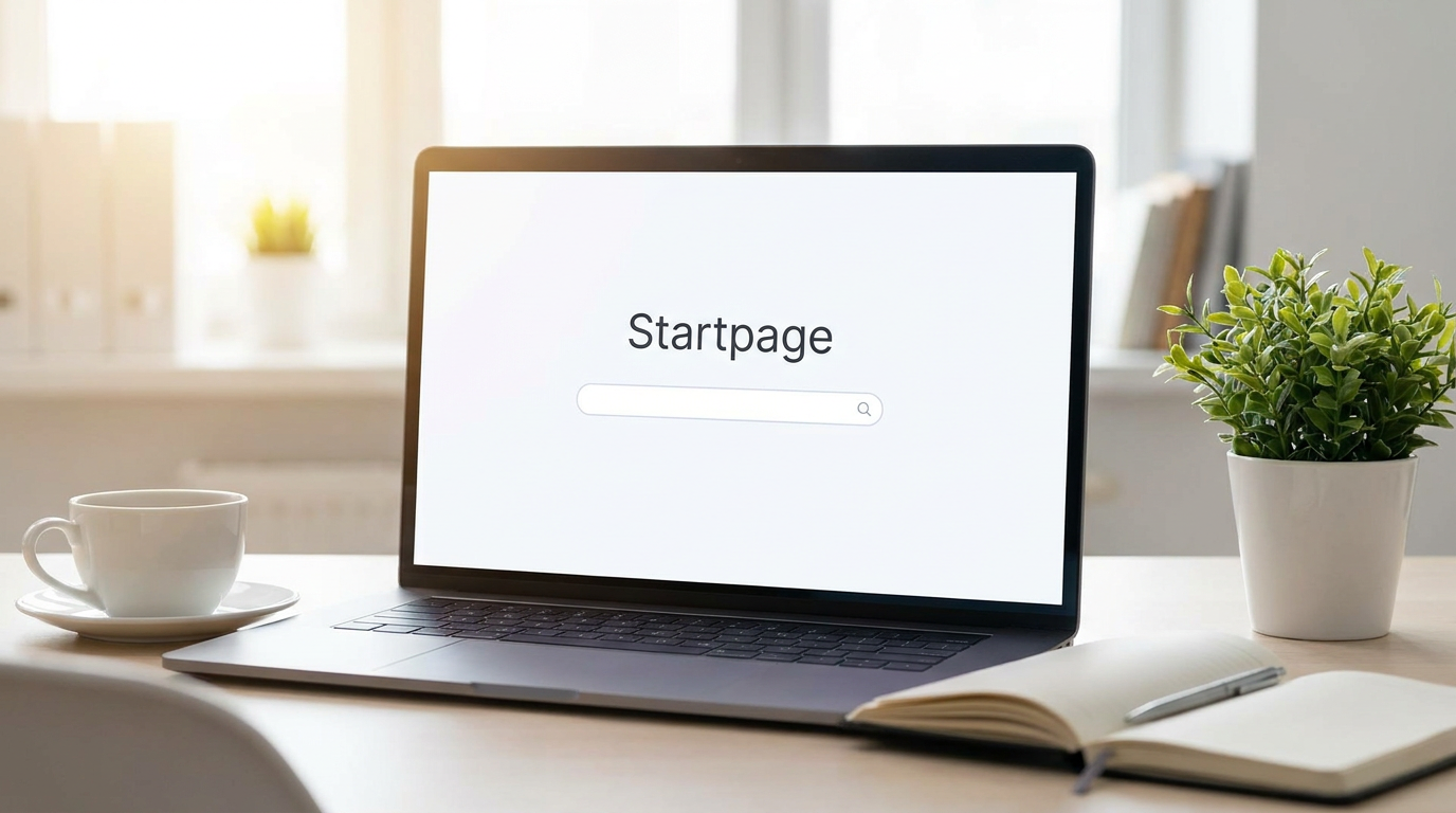 Laptop cinza exibindo buscador Startpage com xícara de café branca, planta e caderno aberto sobre mesa clara.