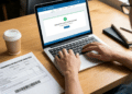 Mãos digitando em laptop com tela de Online Banking exibindo confirmação de pagamento do boleto do ENEM 2026, taxa de R$ 85.