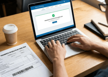 Mãos digitando em laptop com tela de Online Banking exibindo confirmação de pagamento do boleto do ENEM 2026, taxa de R$ 85.