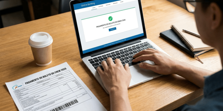 Mãos digitando em laptop com tela de Online Banking exibindo confirmação de pagamento do boleto do ENEM 2026, taxa de R$ 85.