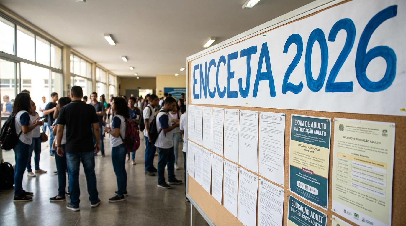 Estudantes em corredor de escola pública diante de mural com informações do ENCCEJA 2026 e cartazes sobre Educação de Jovens e Adultos.