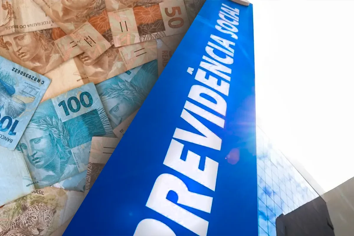 Fachada da Previdência Social com cédulas de reais ao fundo, destacando pagamento do teto do INSS e 13º salário.