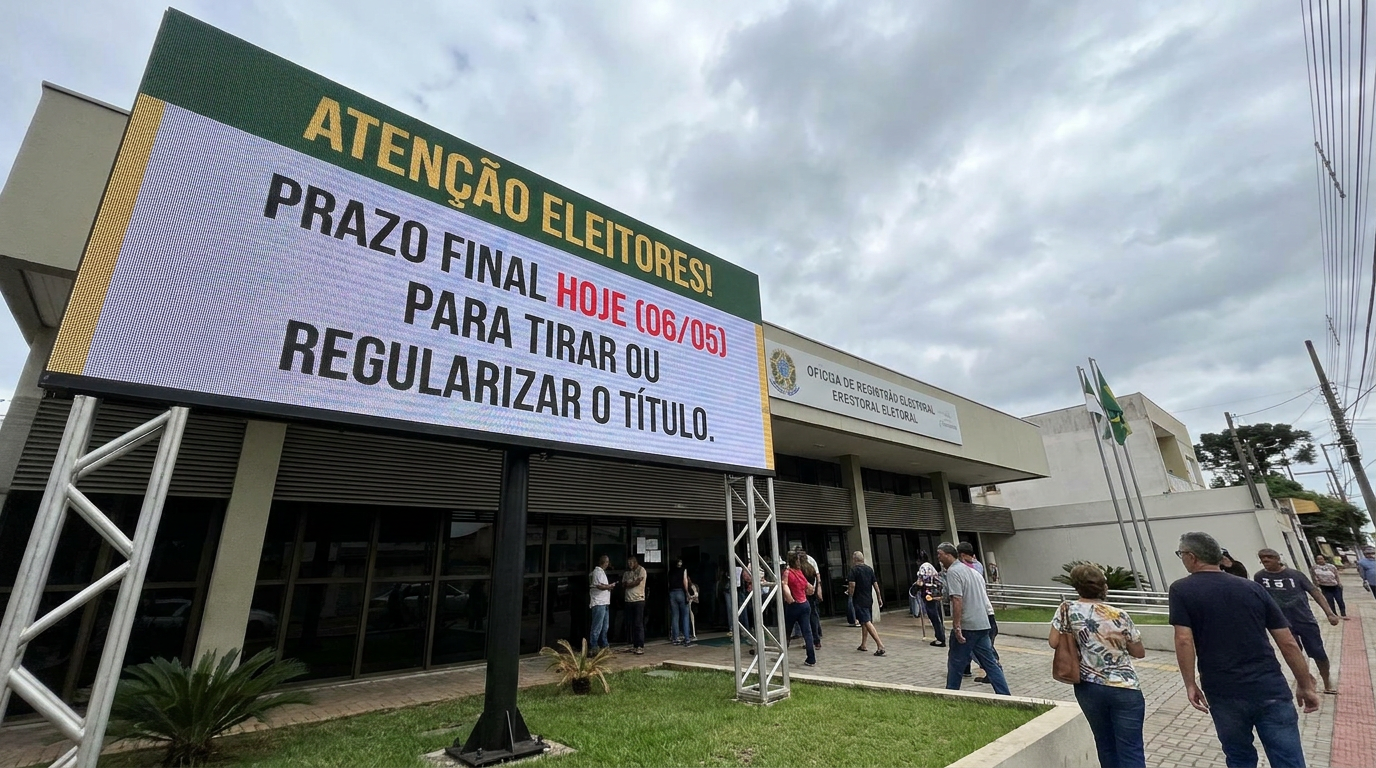 Fachada de cartório eleitoral com painel digital alertando prazo final em 06/05 para tirar ou regularizar título.