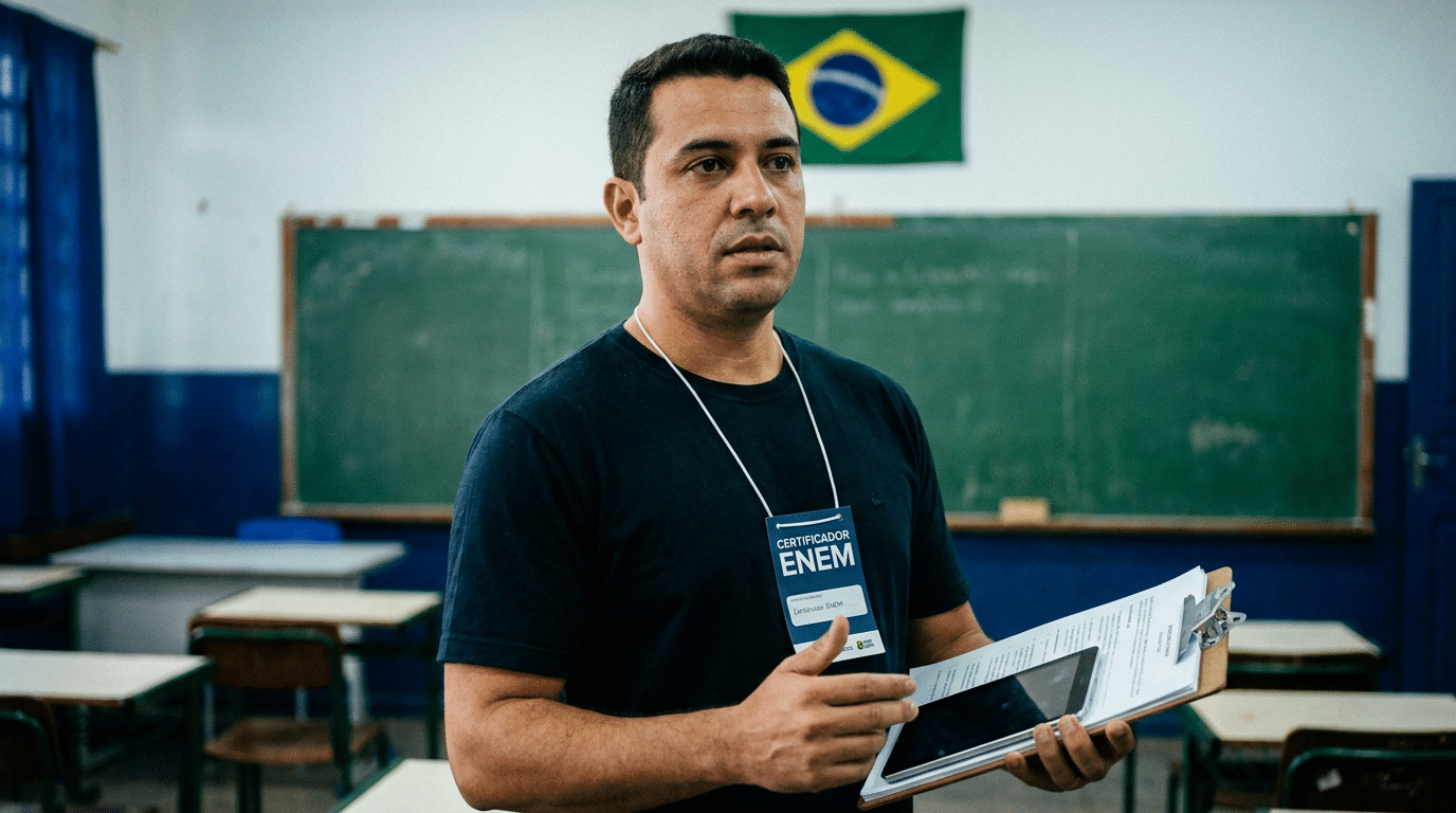 Homem com crachá de certificador ENEM segura prancheta e tablet em sala de aula com bandeira do Brasil.