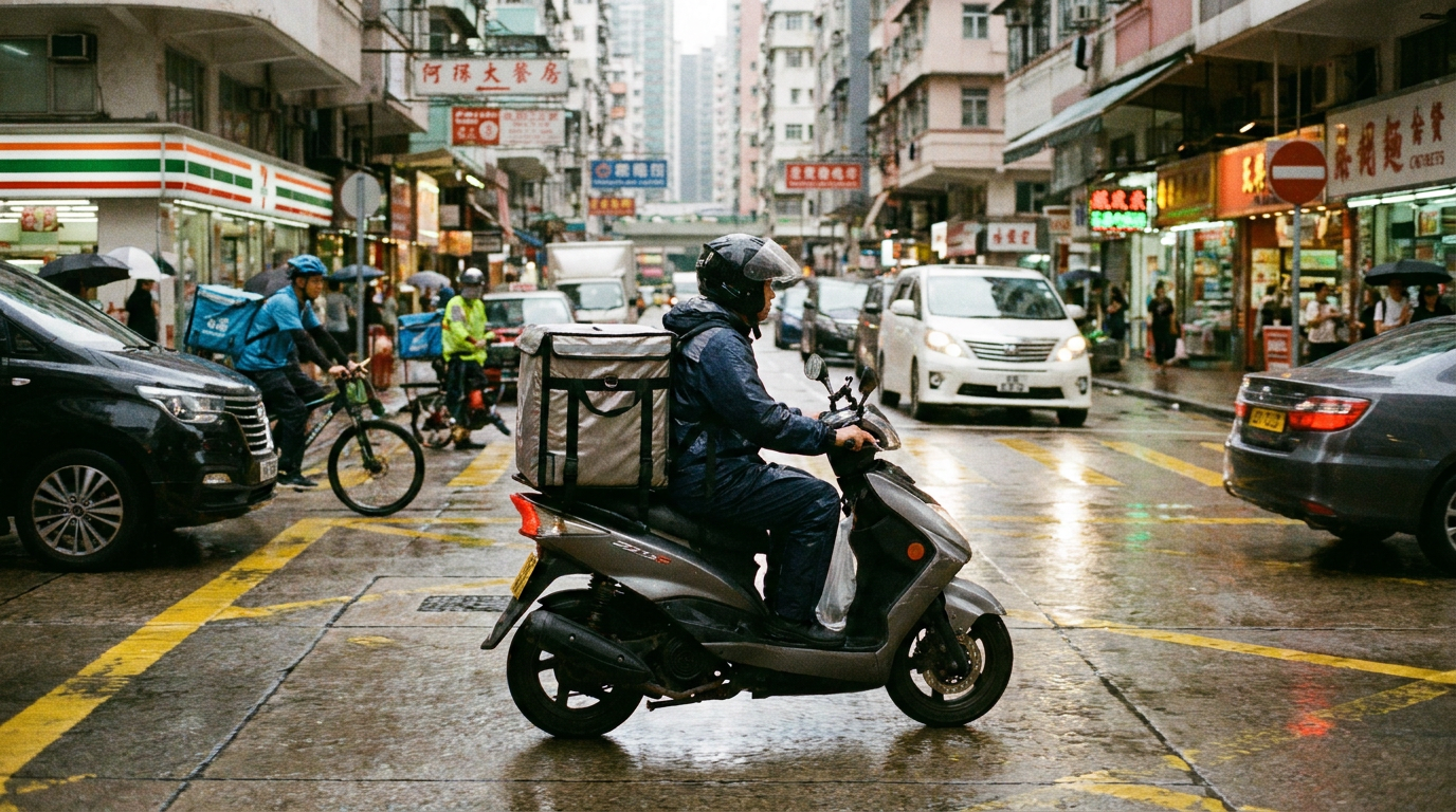 Entregador de scooter cinza com bag térmica atravessa rua de Hong Kong em dia chuvoso, cercado por carros e lojas.