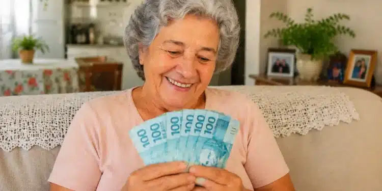 Senhora sorrindo ao conferir cédulas de reais em sua sala, simbolizando pagamento da segunda parcela do 13º salário.