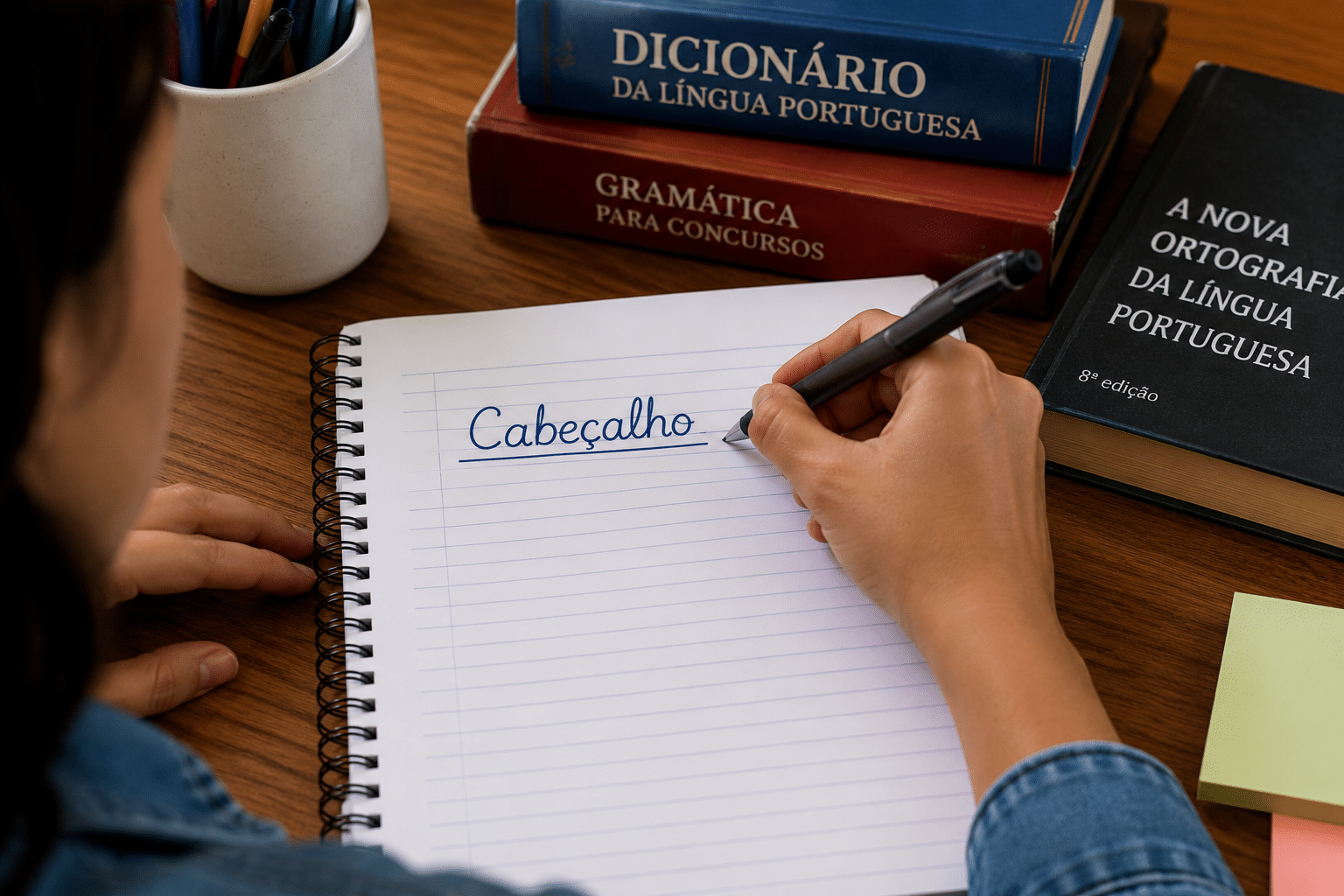 Pessoa escrevendo "Cabeçalho" sublinhado em caderno espiral, rodeada por dicionário e gramáticas de língua portuguesa.