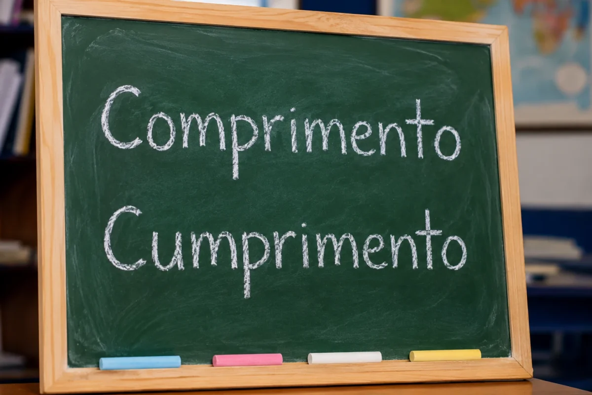 Quadro escolar com as palavras “comprimento” e “cumprimento” escritas para explicar a diferença entre os termos