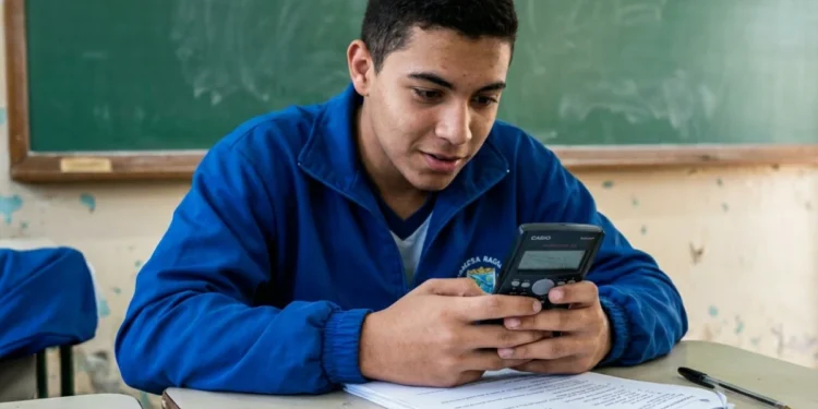 Estudante usando calculadora científica durante atividade escolar relacionada às regras do Enem 2026