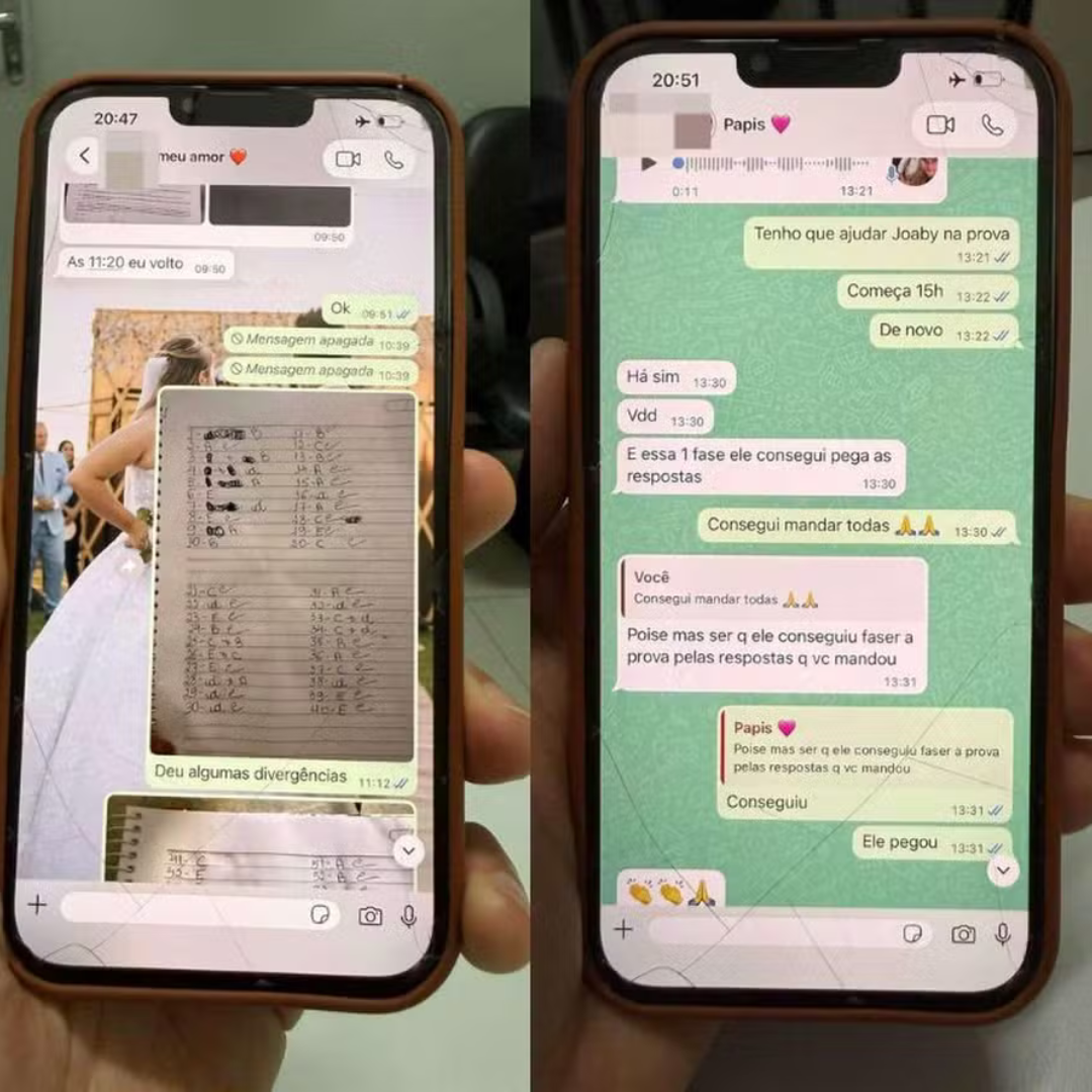 Duas telas de celular mostrando conversas no WhatsApp sobre envio de respostas de prova para terceiro.