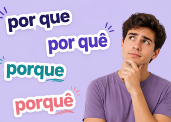 Jovem de camiseta lilás com mão no queixo ao lado das palavras por que, por quê, porque e porquê
