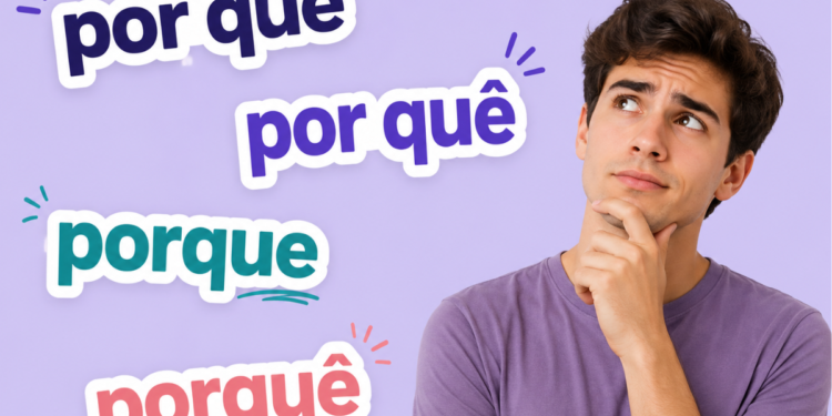 Jovem de camiseta lilás com mão no queixo ao lado das palavras por que, por quê, porque e porquê