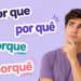 Jovem de camiseta lilás com mão no queixo ao lado das palavras por que, por quê, porque e porquê