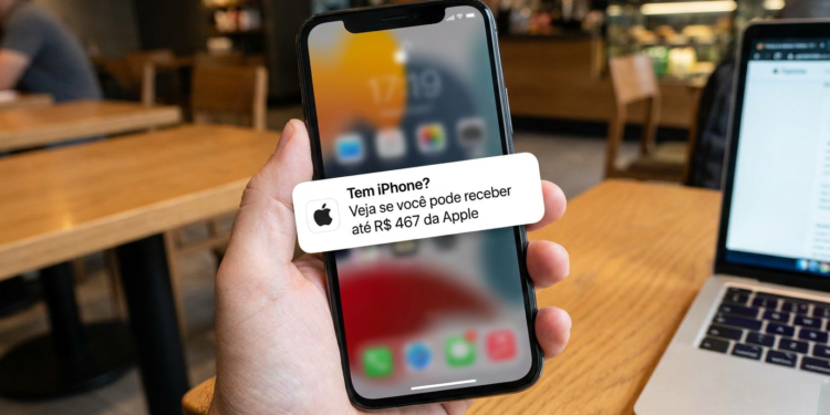 Mão segura iPhone exibindo notificação sobre indenização de R$ 467 da Apple em cafeteria.