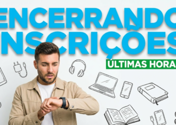 Homem jovem olha smartwatch com expressão preocupada, cercado por ícones de tecnologia e livros.