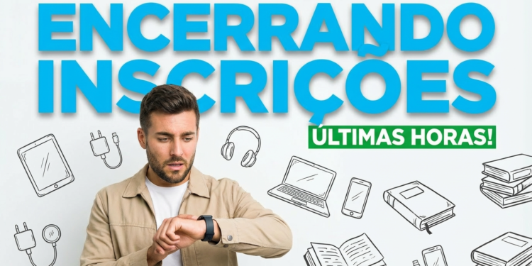Homem jovem olha smartwatch com expressão preocupada, cercado por ícones de tecnologia e livros.