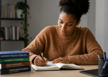 Mulher negra de suéter marrom escreve em caderno com pilha de livros para concurso sobre mesa.