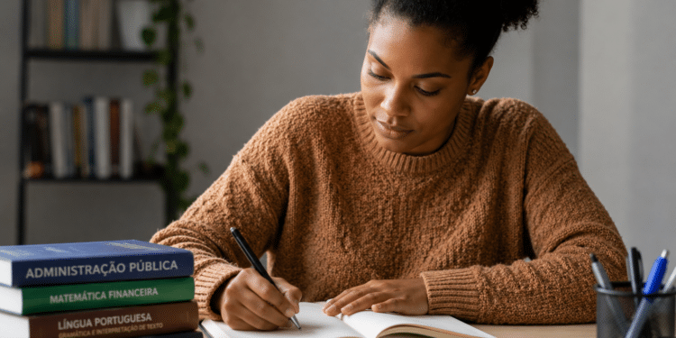 Mulher negra de suéter marrom escreve em caderno com pilha de livros para concurso sobre mesa.