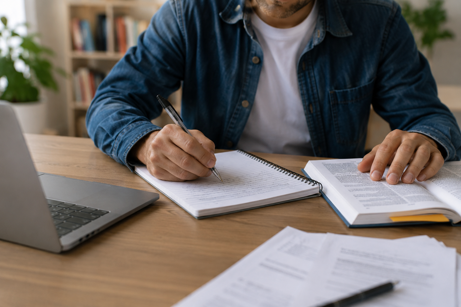 Homem de camisa jeans escreve em caderno enquanto consulta livro aberto, com laptop cinza ao lado em mesa de madeira.