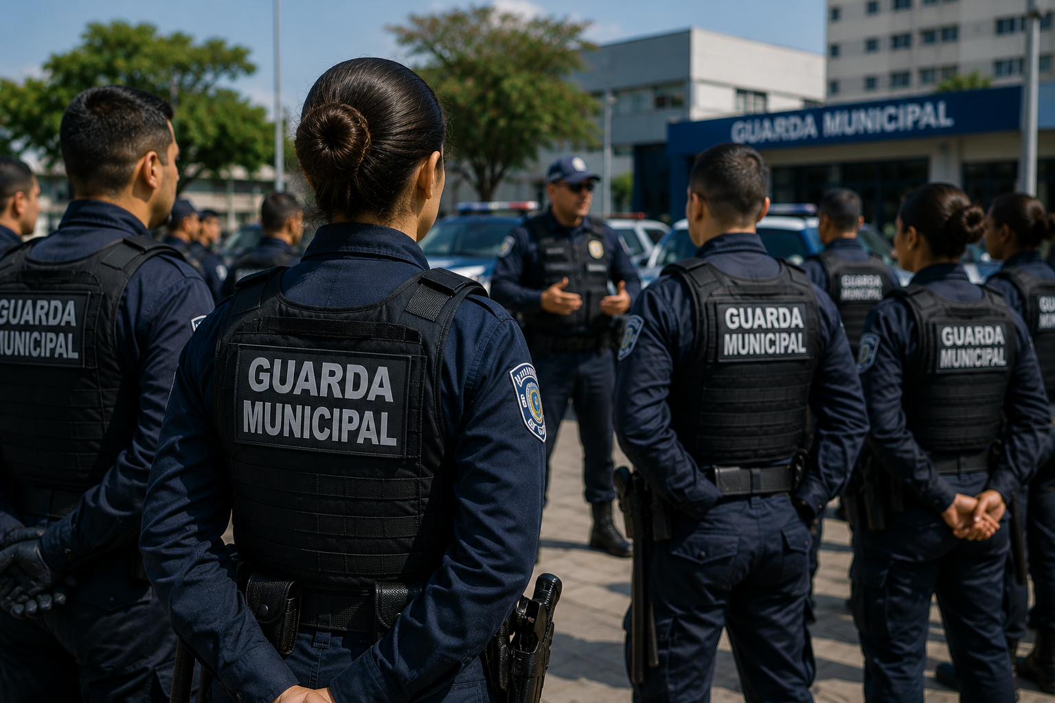 Agentes da Guarda Municipal enfileirados ouvem instruções de superior em pátio com viaturas azuis ao fundo