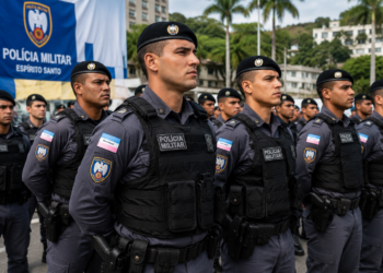Soldados da Polícia Militar do Espírito Santo perfilados em cerimônia usando boinas pretas e coletes táticos azuis.