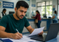 Homem de camiseta verde escreve em formulário enquanto consulta laptop em posto da Prefeitura Municipal.