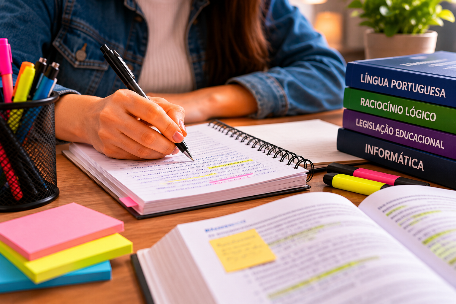 Mulher de jaqueta jeans escreve em caderno com marcações, cercada por livros de concurso e post-its coloridos.
