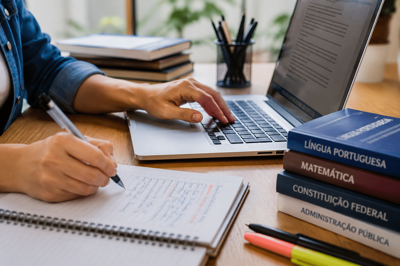 Mãos de estudante digitando em notebook e fazendo anotações em caderno com livros de concurso ao lado.