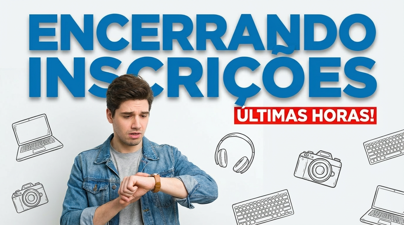 Jovem de jaqueta jeans olha relógio preocupado com texto "Encerrando Inscrições - Últimas Horas" e ícones de tecnologia.