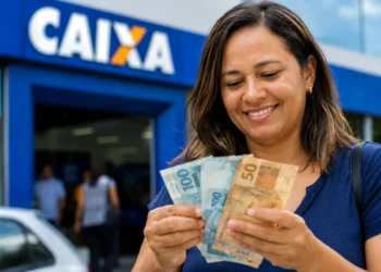 Mulher sorrindo em frente à agência da Caixa Econômica Federal segurando notas de real, representando os R$ 6.220 disponíveis até o fim de maio para CPFs com finais de 0 a 9.