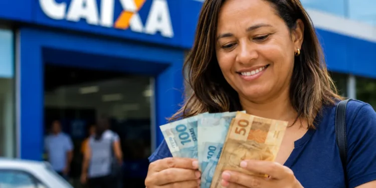 Mulher sorrindo em frente à agência da Caixa Econômica Federal segurando notas de real, representando os R$ 6.220 disponíveis até o fim de maio para CPFs com finais de 0 a 9.