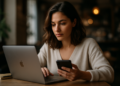 Mulher usando notebook e celular para vender online