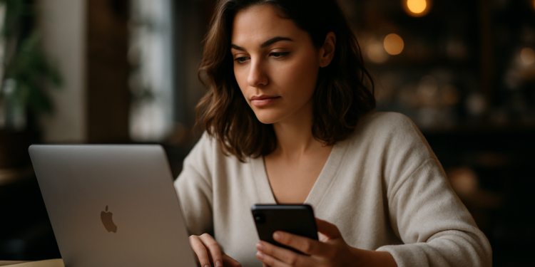 Mulher usando notebook e celular para vender online