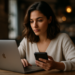 Mulher usando notebook e celular para vender online