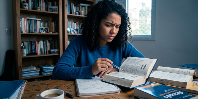 Jovem de blusa azul franze a testa enquanto consulta um dicionário aberto cercada de livros e cadernos sobre mesa de madeira