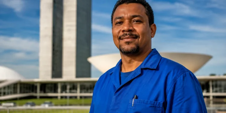 Trabalhador brasileiro com uniforme azul em frente a prédio público, representando a PEC do fim da escala 6x1, que pode ser votada na próxima semana.