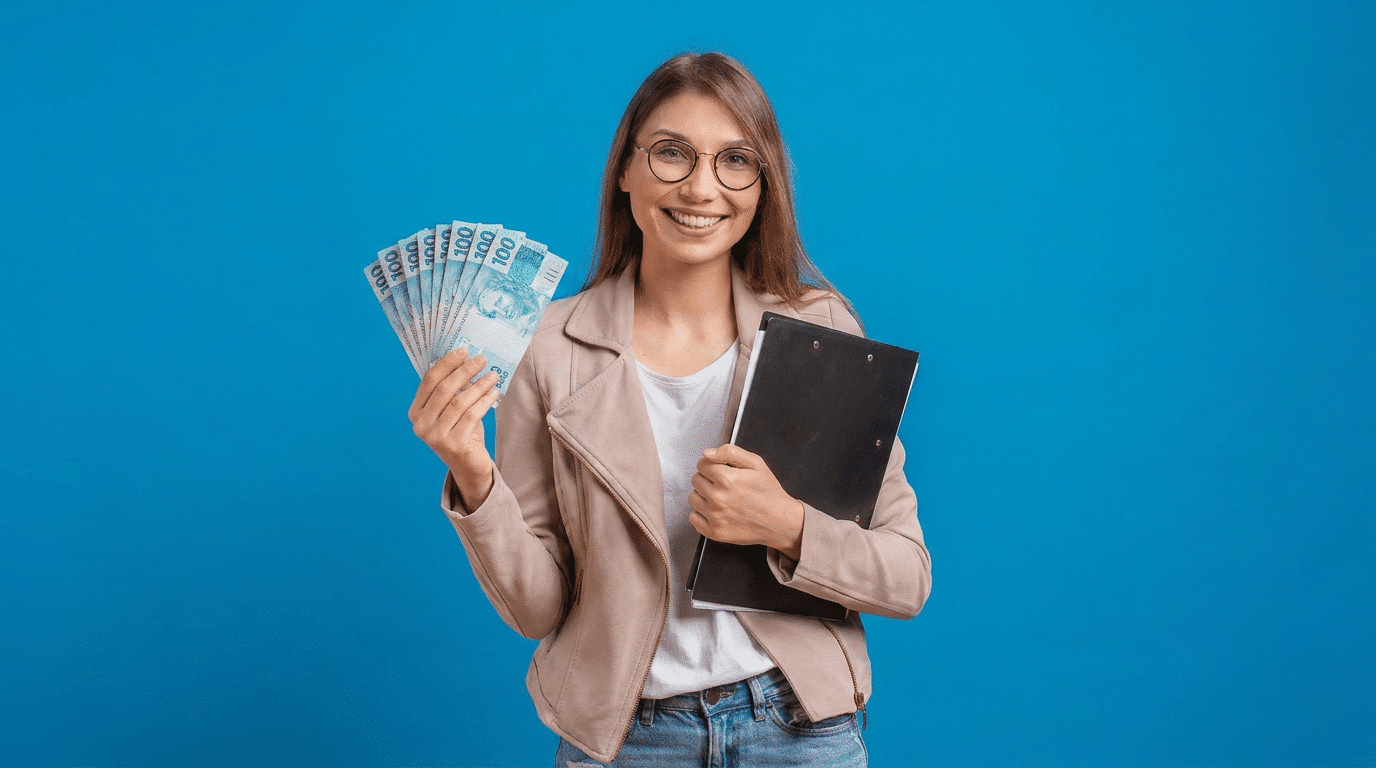 Mulher sorridente exibe notas de 100 reais com pasta em fundo azul.