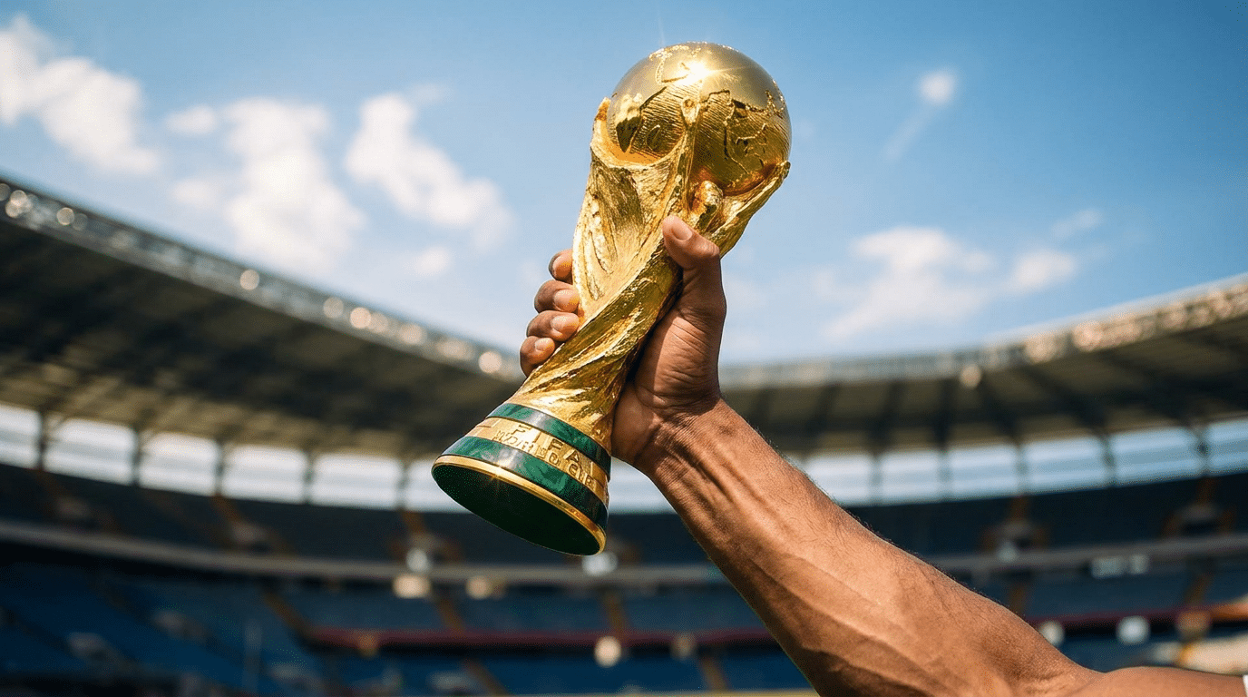 Taça da Copa do Mundo erguida no estádio sob céu azul.