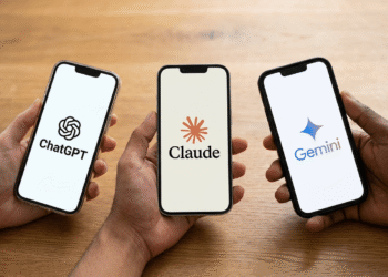 Três smartphones exibindo logos de ChatGPT, Claude e Gemini segurados por mãos sobre mesa de madeira.