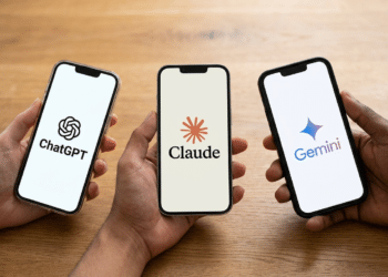 Três smartphones exibindo logos de ChatGPT, Claude e Gemini segurados por mãos sobre mesa de madeira.