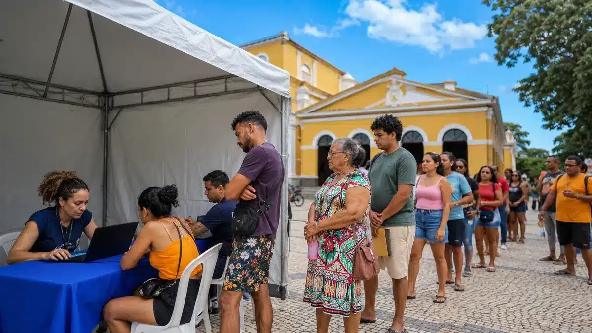 Atendimento do Governo do Brasil na Rua. Pessoas aguardam em fila para atendimento social em espaço público.