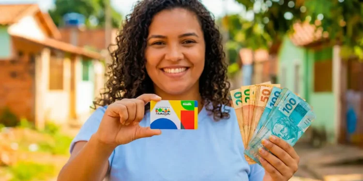 Mulher segurando cartão do Bolsa Família e notas de dinheiro, representando pagamento de junho.